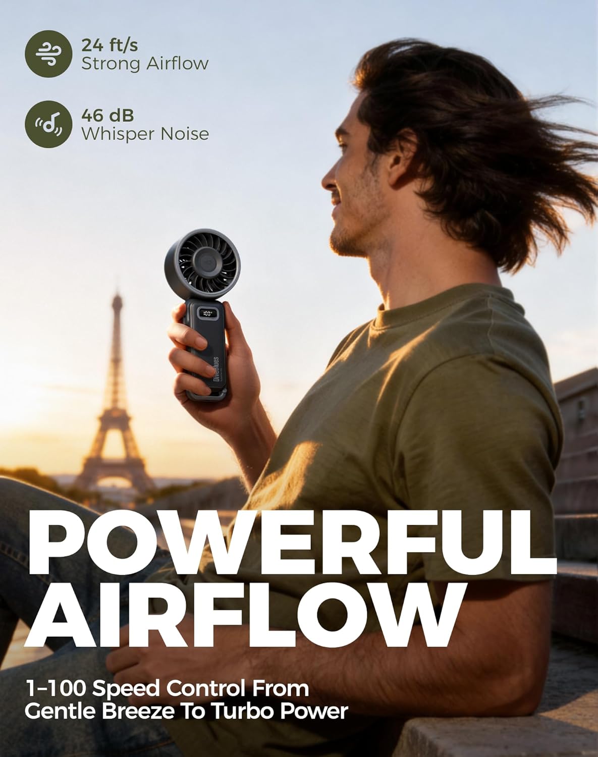 Diveblues Portable Turbo Fan, 100 Speed Handheld Fan with Strong Airflow, Foldable 4 in 1 Personal Fan for Neck, Desk & Travel, USB-C Rechargeable, Lightweight for Summer, Concerts & Outdoor Use