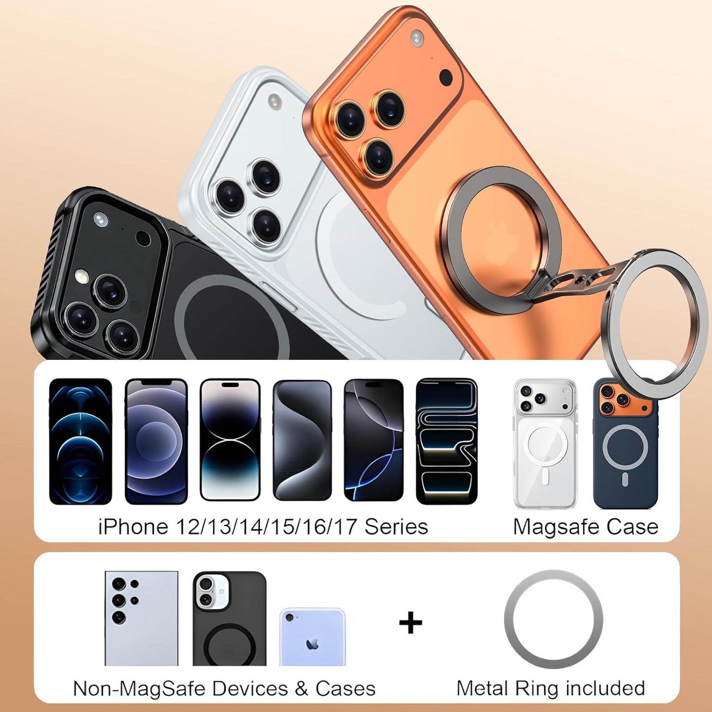 Magnetic Phone Ring Grip for MagSafe Dual-Sided Magnet Cell Phone Grip Stand Finger Ring Holder Compatible with iPhone 17/16/15/14/13 Pro Max Plus, for Mag Car Mounts