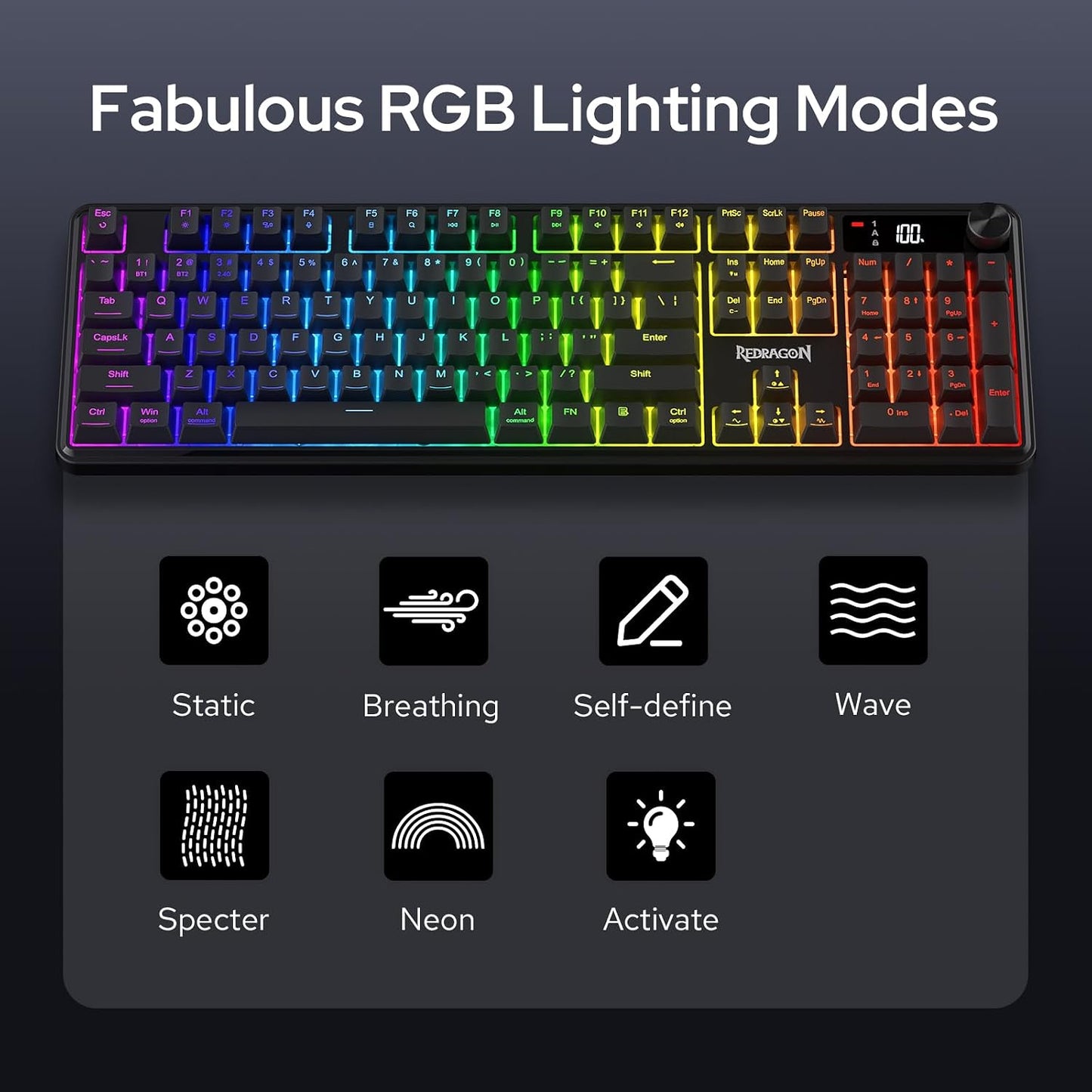 Redragon K526 PRO Wireless RGB Membrane Gaming Keyboard, LED Screen & Knob | See Battery, Mode & Time at a Glance, 0-Delay Tri-Mode, One-Touch Backlit & Media Adjust, 26-Key Anti-Ghost for Combo-Strike