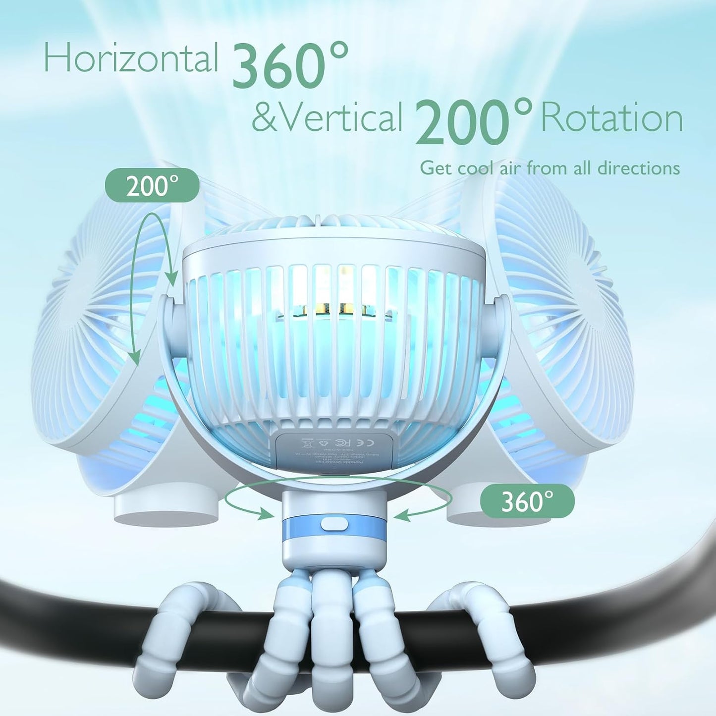Momcozy 8000mAh Portable Stroller Fan, 27H Ultra-long Battery Life | Detachable 4 Speed 360°Rotate LED Night Light with 2 Modes, USB Rechargeable Handheld Cooling Fan for Travel/Car Seat/Bedroom