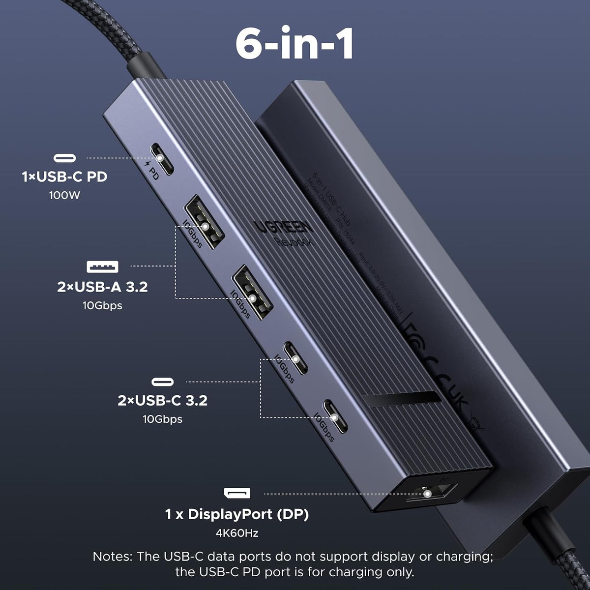 UGREEN Revodok Pro 6 in 1 USB-C Hub to DisplayPort 4K 60Hz, 100W Power Delivery 10Gbps USB-A and USB-C 3.2 for MacBook Neo/Pro/Air, iPad Pro, Thinkpad, Rog Ally and More.