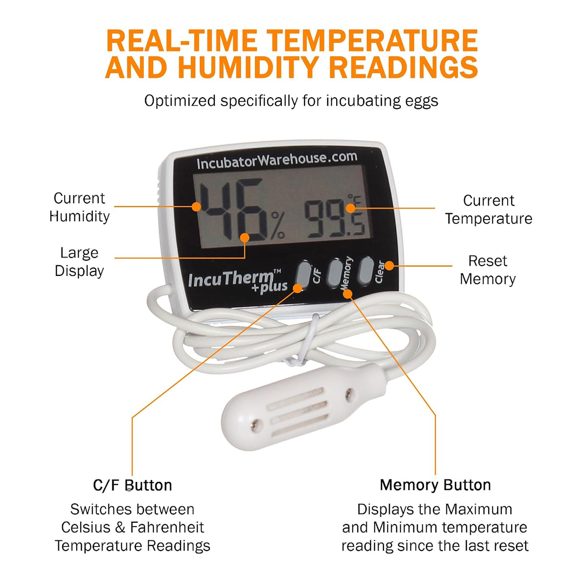 IncuTherm™ Plus Digital Thermometer and Hygrometer for Egg Incubator