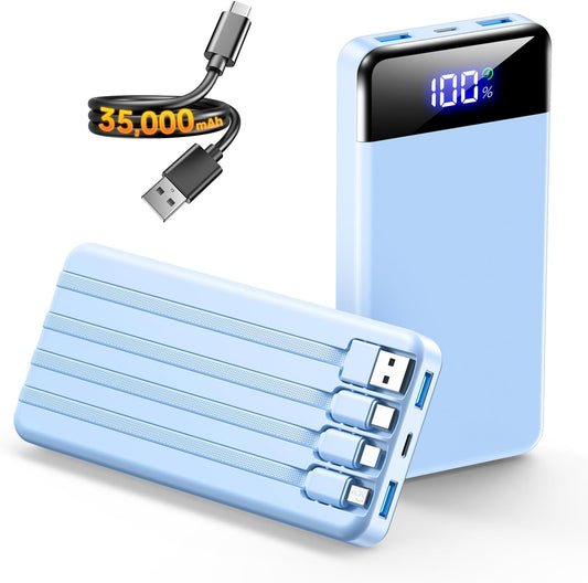 SABANI Portable Charger 35000mAh Power Bank, 4 Built in Cable Big Capacity | Ultra Slim, 22.5W Fast Charge, Travel Camping Essential, USB C External Battery Pack for iPhone Samsung Android, Azure