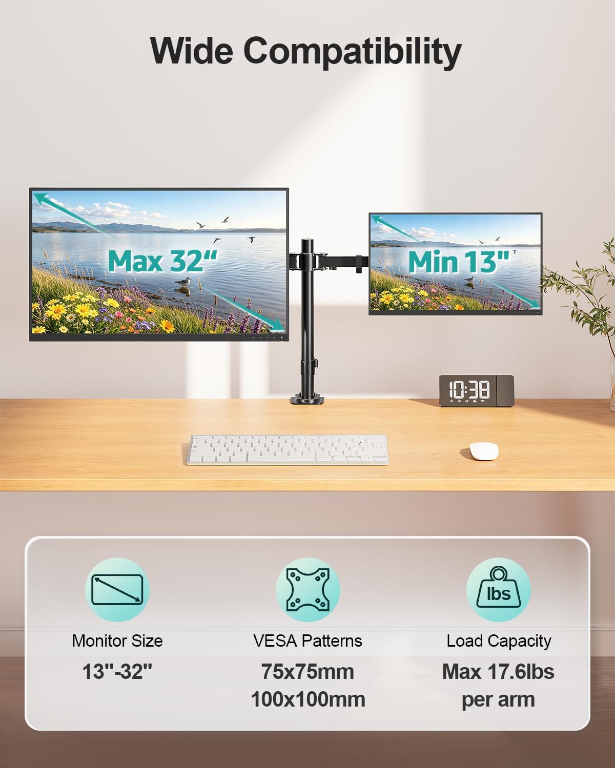 MOUNT PRO Dual Monitor Mount Fits 13-32 Inch/17.6lbs LCD Screen, Computer Monitor Desk Mount, Articulating Monitor Arm, Height Adjustable Display Stand for 2 Monitors, VESA Mount 75x75/100x100mm