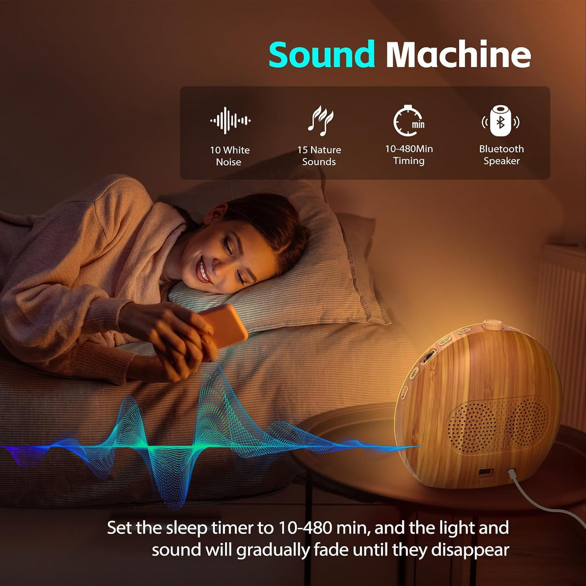 Geuuap Sunrise Alarm Clock, Noise Sound Machine Night Light, Wood Grain