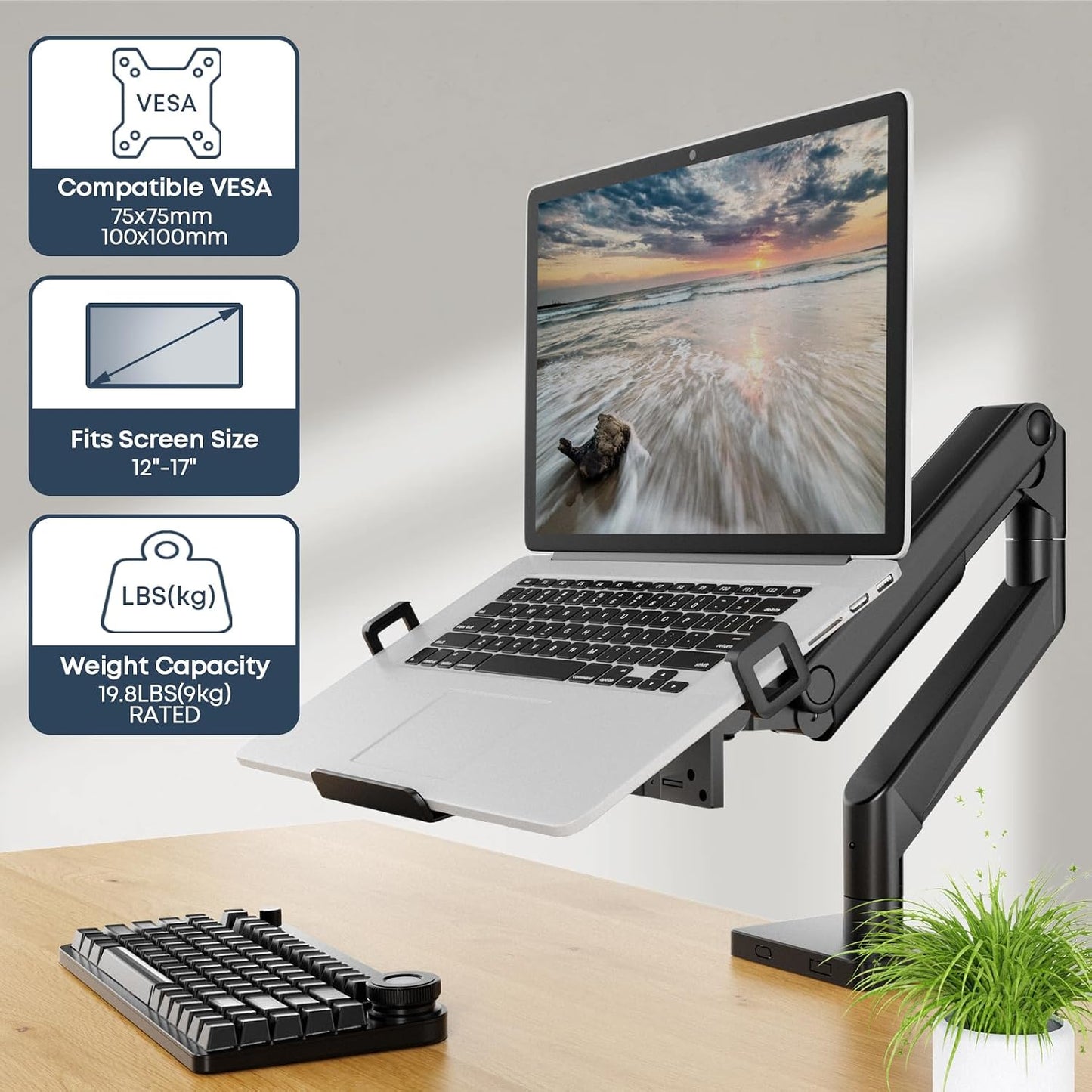 Laptop VESA Mount Tray Holder for Monitor Arms and Stands 75x75mm 100x100mm Clamp Notebook Adjustable 12 to 17 inch Black Universal