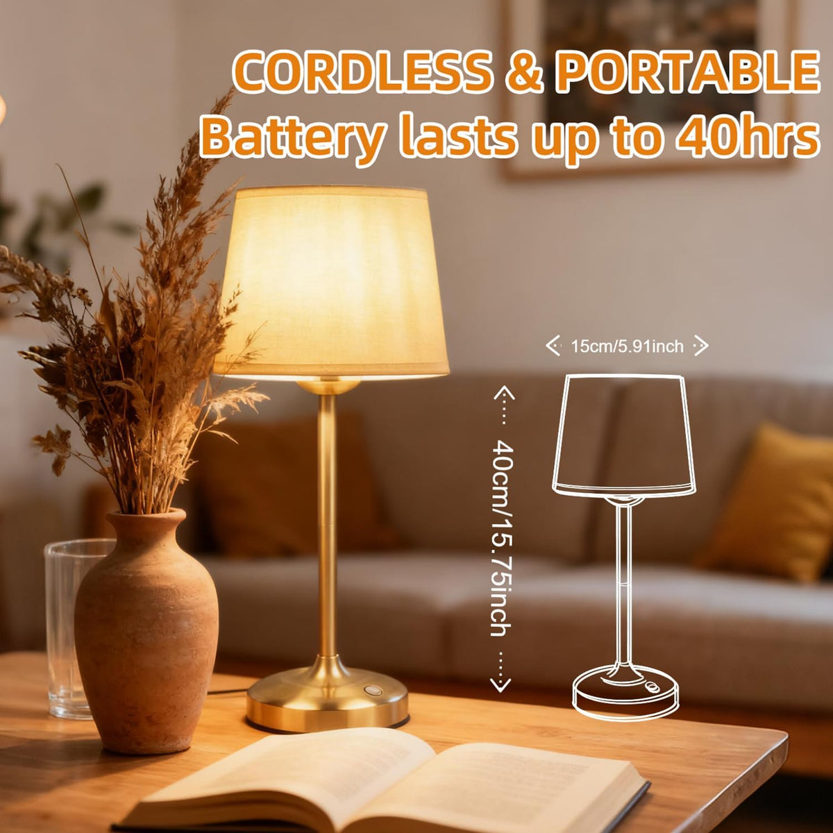 Deogos Cordless Table Lamp Gold with Dimmer, 4000mAH Battery Operated Lamp Rechargeable, 3 Color Temperature Touch Control Fabric Desk Light for Dining Room, Bedroom, Bar, Patio, Counter, Restaurant