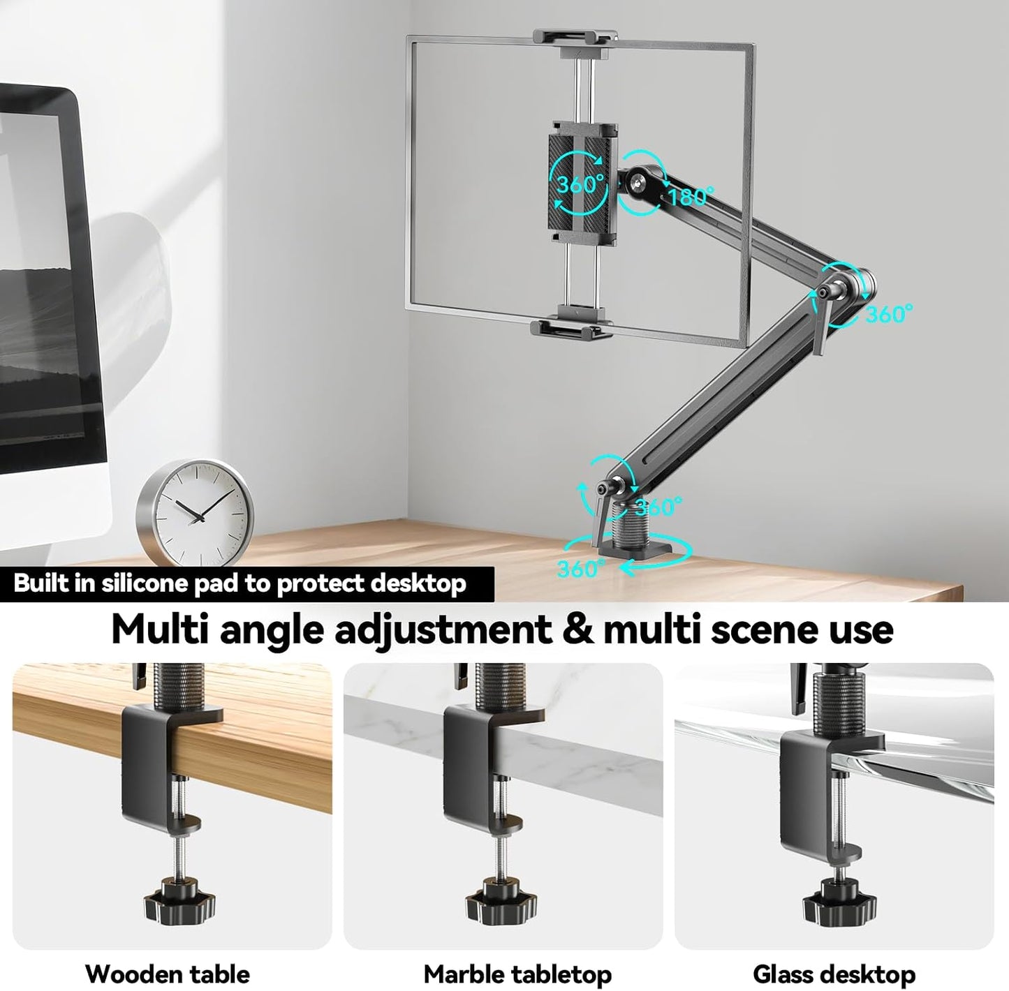 Portable Monitor Stand Desk Holder- Large Clamp support up to 6.5 12.9 14.6 15.6 18.5 inch 360° Rotating Base Swivel Tall Desk Arm Mount for iPad Pro/Mini/Air/Surface Strong Bearing Weight over 5.5lbs