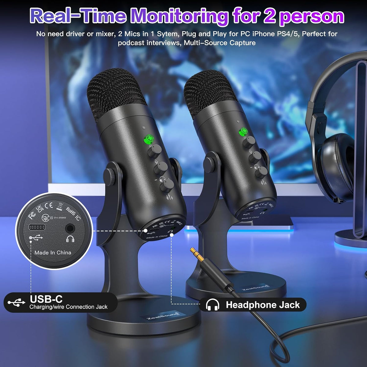 ZealSound Podcast Microphone, Podcast Equipment Bundle for iPhone PC iPad Android, Dual Wireless USB Mic 2.4GHz with Noise Reduction, Tap to Mute, Monitor Gain for Streaming, Recording, YouTube,TikTok