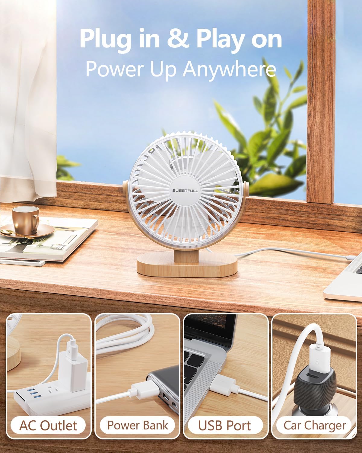 SWEETFULL Small USB Desk Fan, Desktop Table Fan, Quiet Office Mini - White | 6.5" Personal Fan; 3 Speeds; 360° Adjustable; 25dB; 10oz; USB Powered; Stable Base; Easy Cleaning-Home & Cooling; Retro Decor