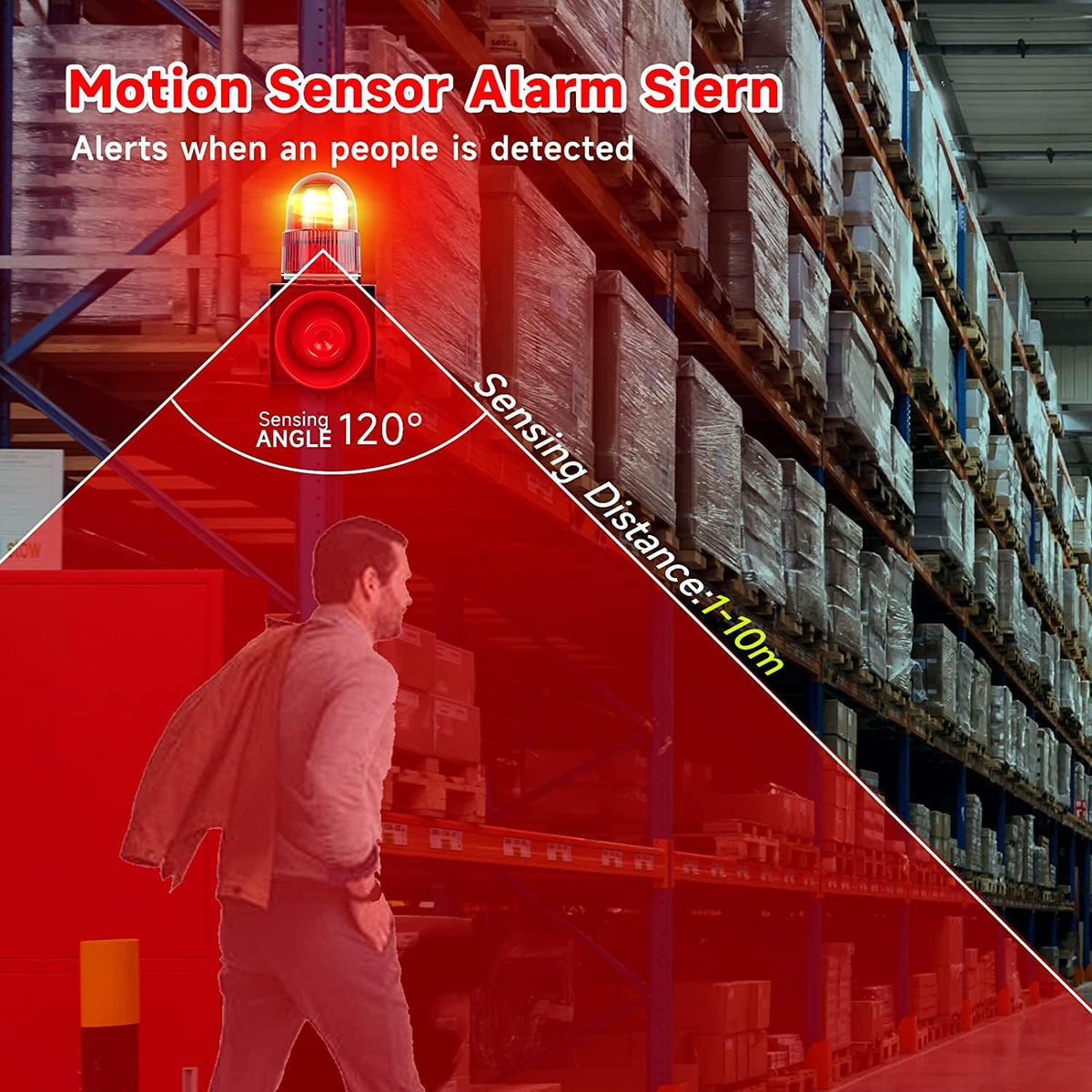 Motion Sensor Alarm Siren Waterproof 25 Watts LED Strobe Sirens with 120dB Volume Horn 12 Tones Adjustable for Warhouse, Factory and School AC380V SLA-01W