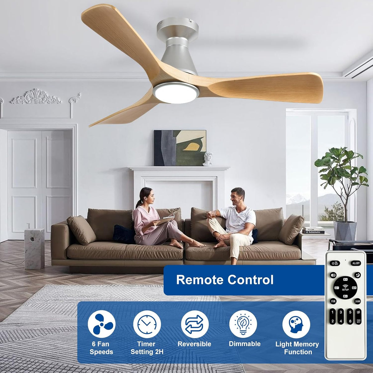Depuley 42-Inch Ceiling Fans with Lights: Wood 3 Blade Flush Mount Low Profile Ceiling Fan for Bedroom - Dimmable Indoor Outdoor Fan with Remote Control Ultra Quiet DC Motor Timer