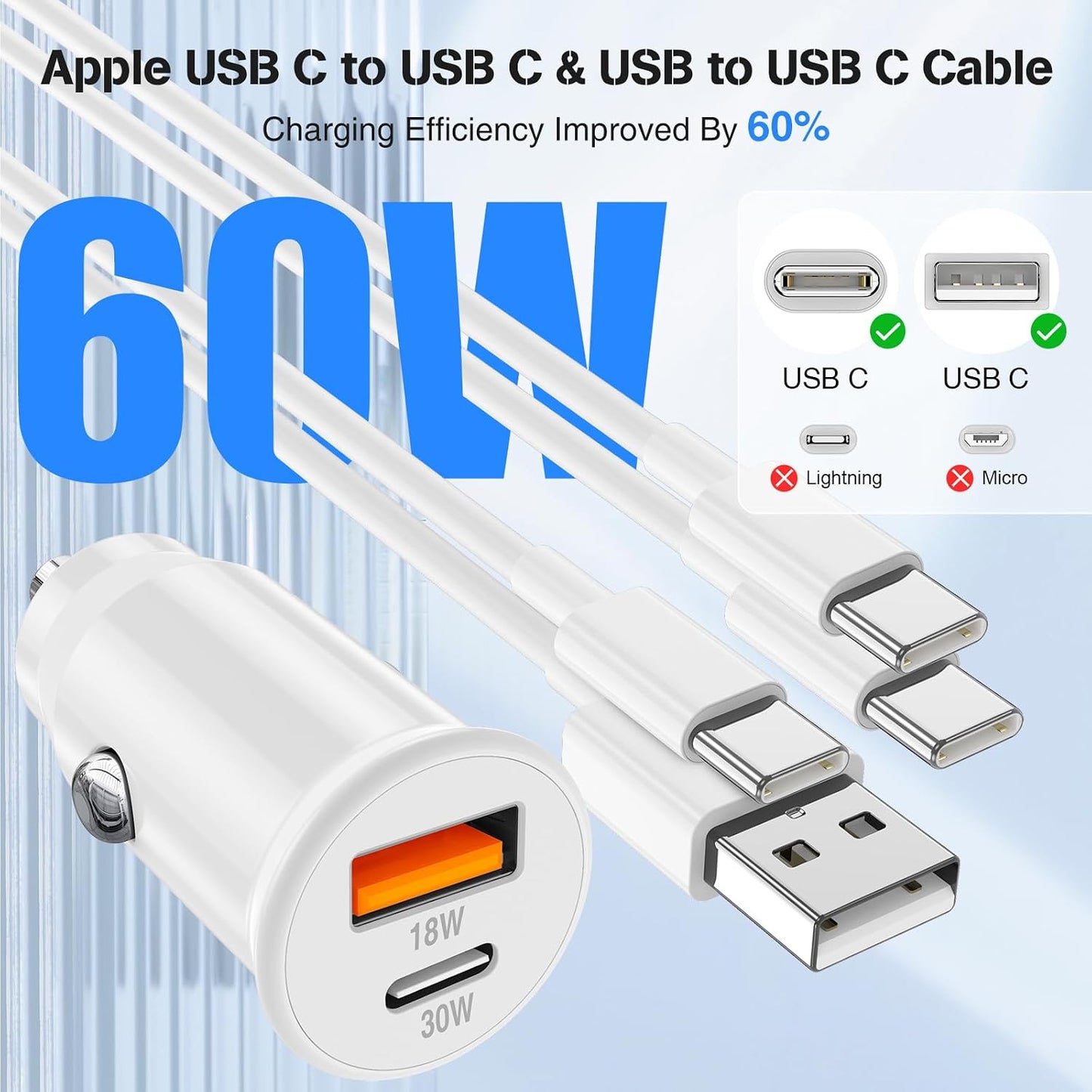 48W USB C Car Charger, Dual Port USB-C & USB-A Car Fast Charging Adapter | 2X3FT C to C Cable & A to C Carplay Cable, Super Fast Type C Car Charger for iPhone 17 16 15 Series/iPhone Air, iPad, Samsung