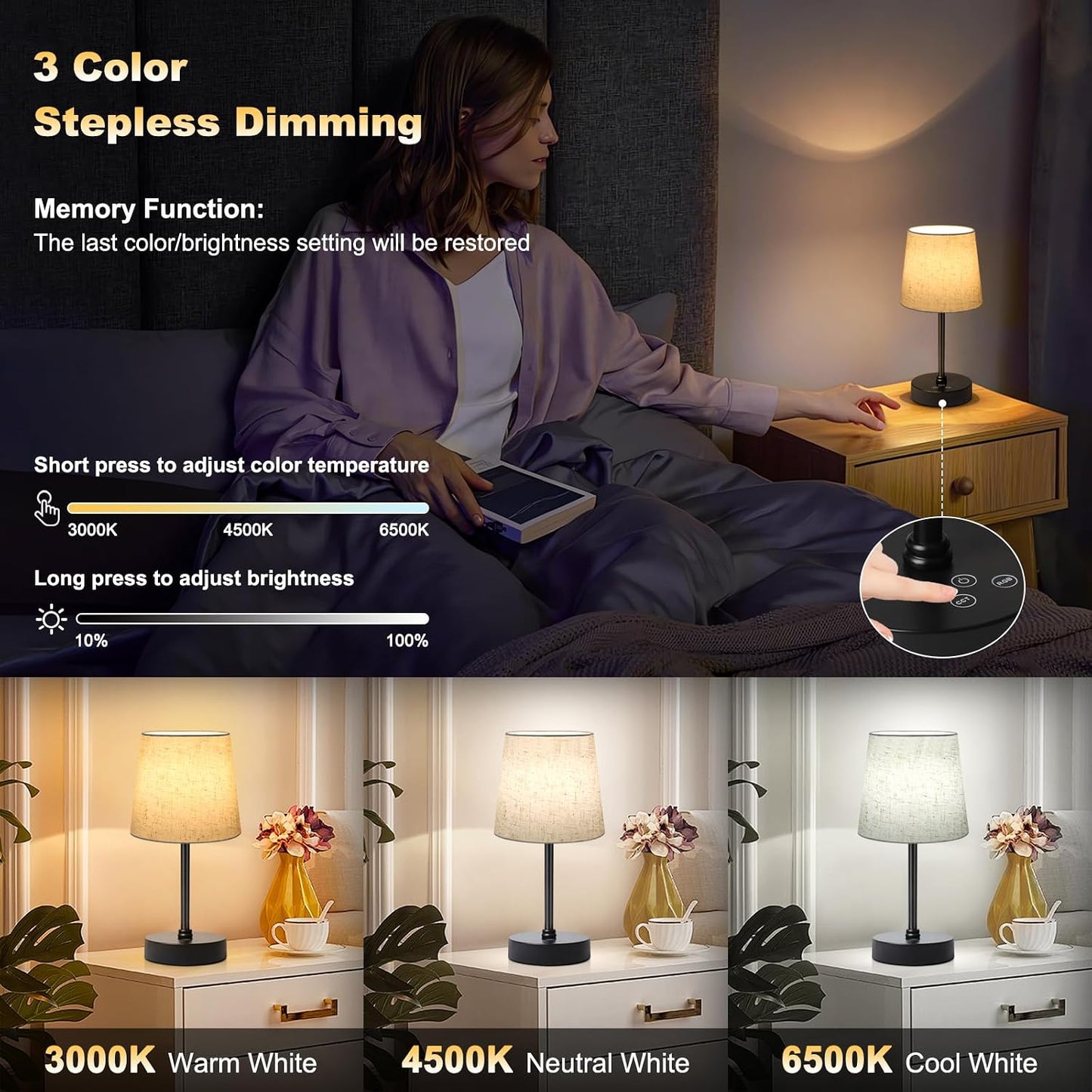 Wowag Small Cordless Table Lamp,5000mAh Rechargeable Battery Operated Desk Lamp,3 Colors & 7 RGB Stepless Dimmable, Portable Touch Fabric Shade LED Night Light for Bedroom Restaurant Home(Flaxen)