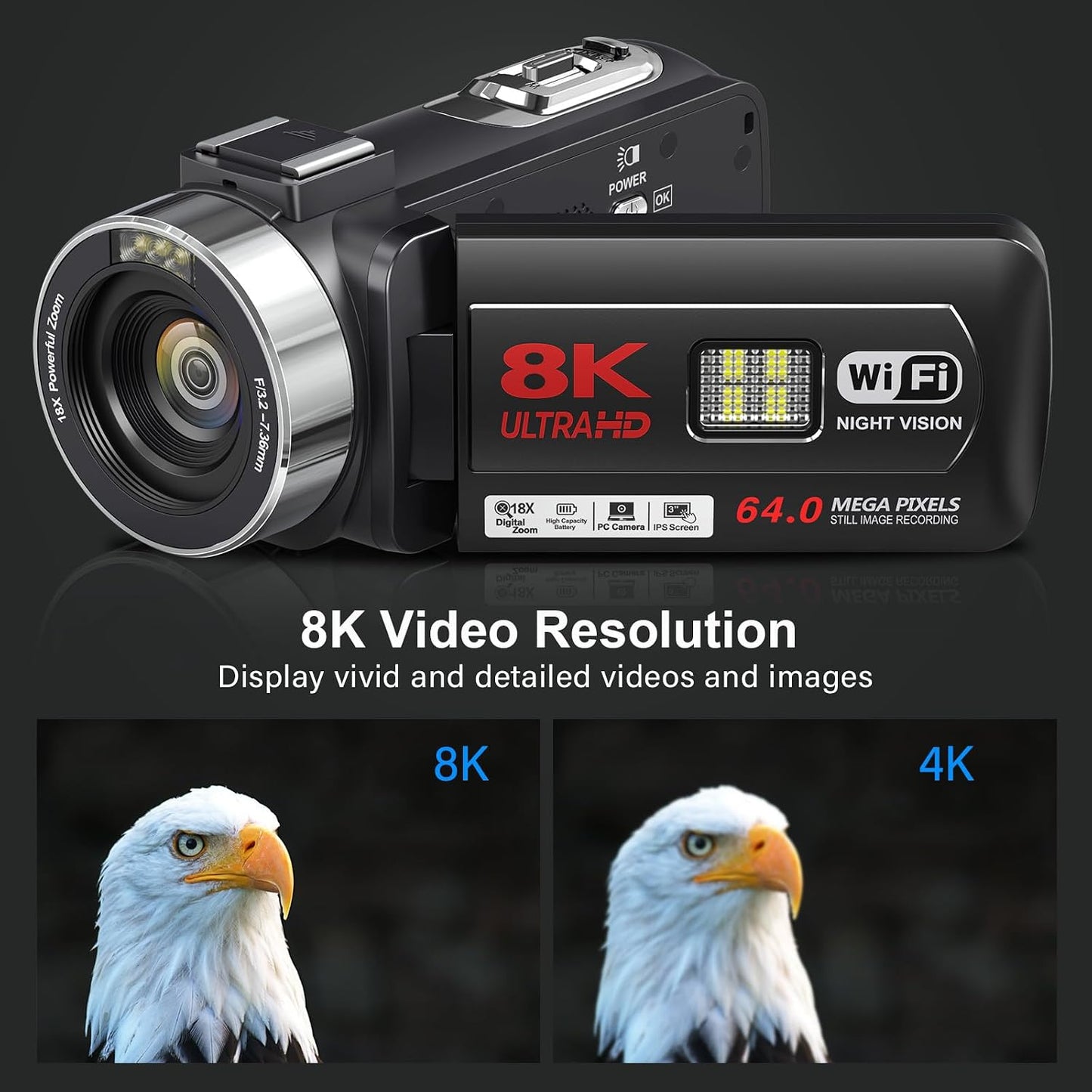 8K Video Camera Camcorder 64MP Wifi IR Night Vision Webcam Camcorders | Vlogging Cameras for YouTube with 18X Digital Zoom 3.0”Touch Screen Stabilizer, Mic, 64G SD Card, Remote Control, 2 Batteries