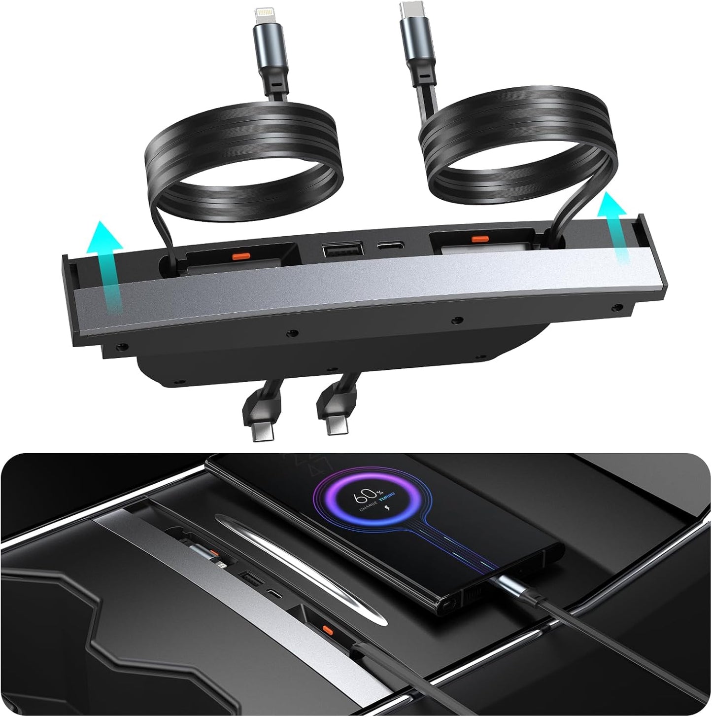 USB Hub for Tesla Model 3 Model Y Waterproof - Fast Phone Charger for Model Y/3 Accessories 2024 2023 2022 2021 Multi Port Retractable Docking Station, 100% Fit Center Console(Not Fit Model 3 2024)