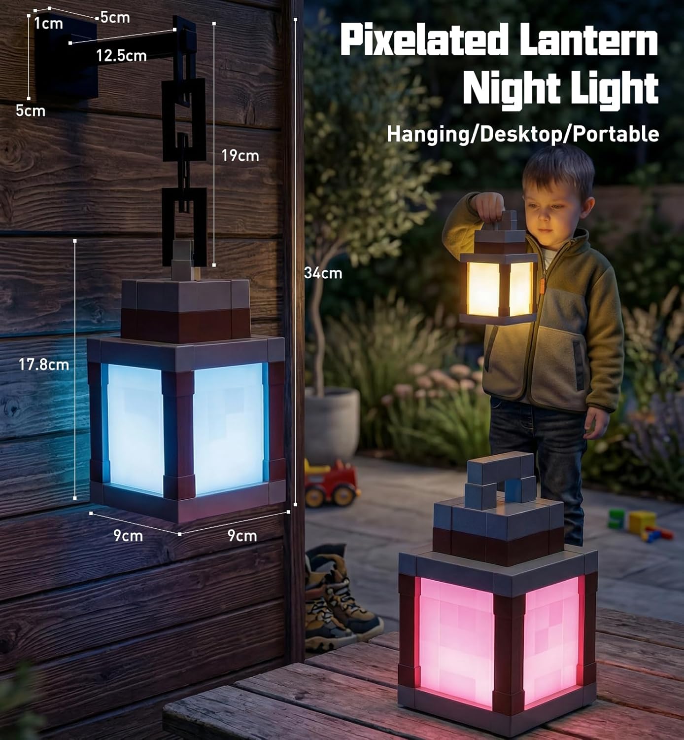 Pixelated Lantern Night Light with Timer 16 Color RGB Pixel Lantern Lamp Rechargeable Retro Pixel Decor Light with Remote & Touch Control, Hanging or Tabletop for Bedroom Desk Gaming Room Decor Gift