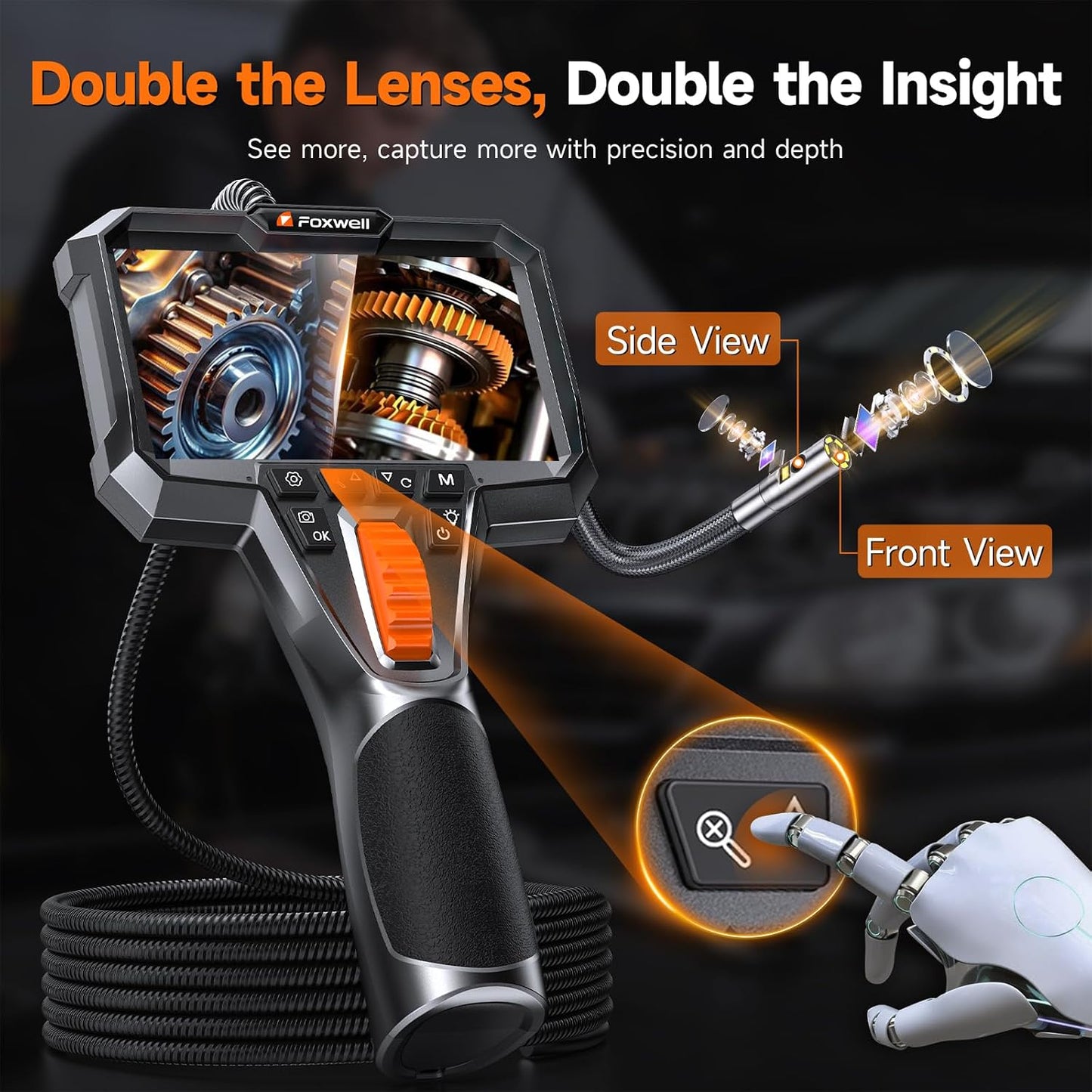 FOXWELL Dual Lens Two-Way Articulating Borescope, 1080P Endoscope Camera | with Light, IPS HD Screen, IP67 Waterproof, Flexible Semi-Rigid Snake Scope for Automotive Engine Pipe Home Inspection