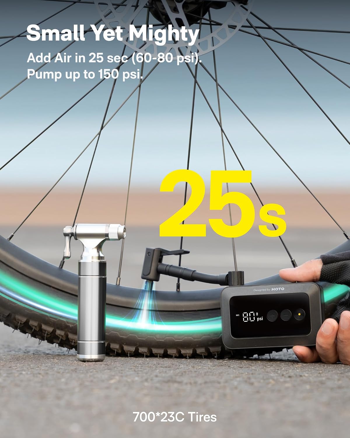 HOTO Electric Bike Tire Pump, Mini Bicycle Pump, 25s Fast Inflate | Portable Bike Air Pump with Presta & Schrader Valve for Road Bike, Mountain Bike, Motorcycle, Scooter, Sports Ball, Outdoor