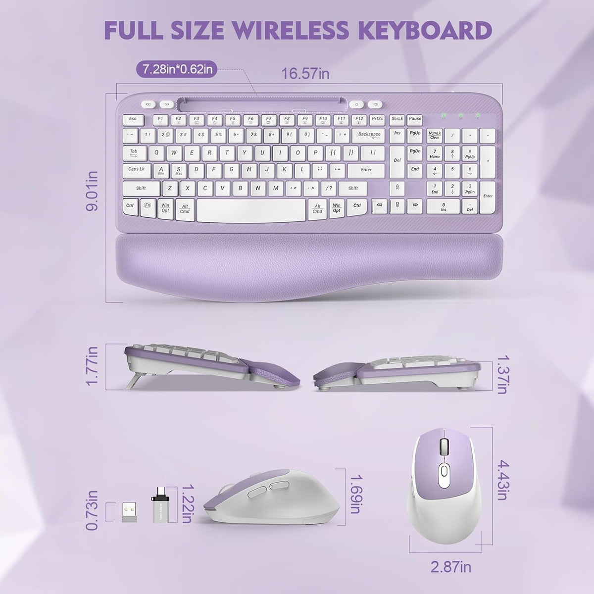 Wireless Keyboard and Mouse Combo, Full-Sized Ergonomic Wave Keys Keyboard with Memory Foam Wrist Rest & Phone Holder, 2.4G Quiet Keyboard Mouse Work Setup for PC Laptop, Office or Home (Purple)