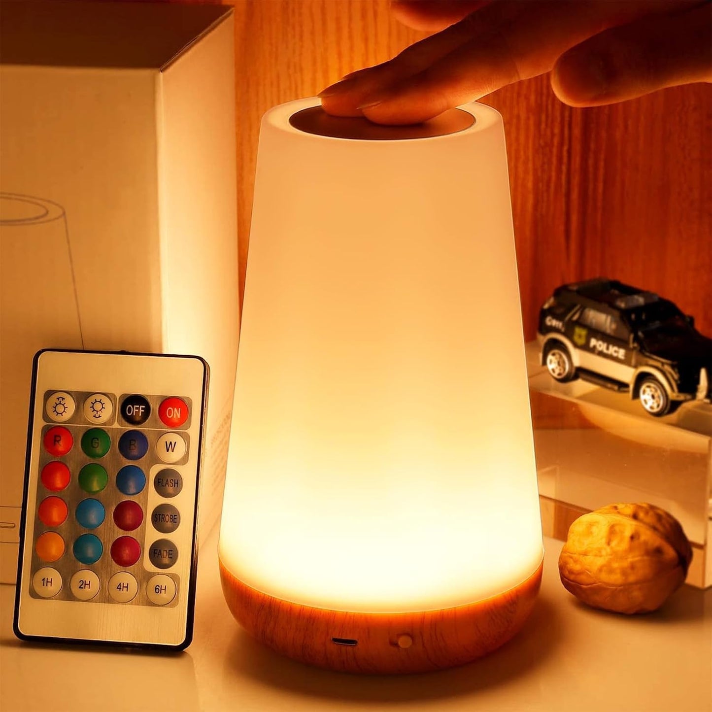 THAUSDAS Telecontrol Night Light Touch Lamp: 13 Colors, 5 Brightness, Brown | Table Bedside Lamp 1500mAh USB Rechargeable - 3 Lighting Modes, 1/2/4/6H Auto - Off For Nursery & Bedroom & Camping