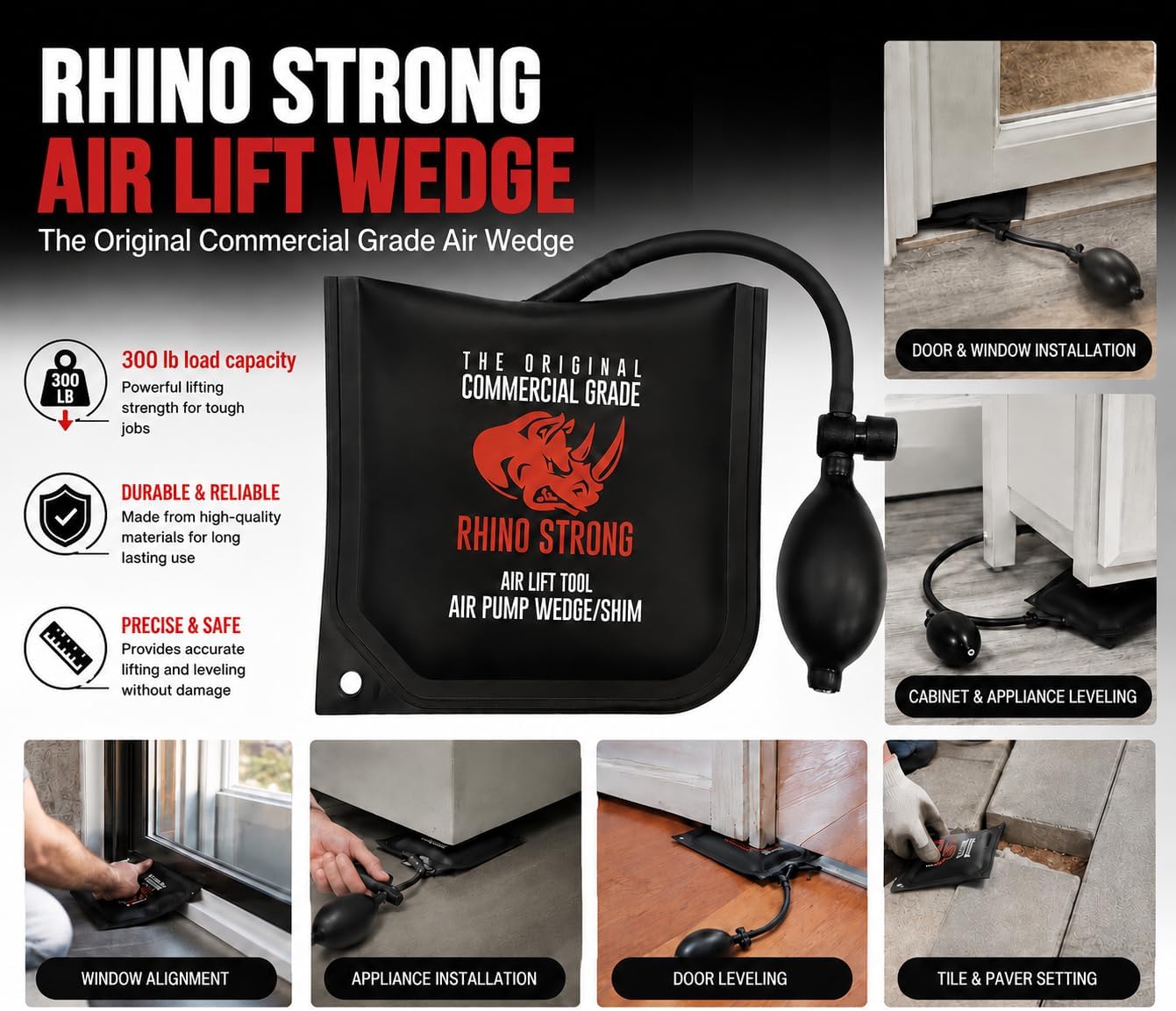The Original Rhino Strong Commercial Grade Air Wedge Bag Pump Professional Leveling Kit & Alignment Tool Inflatable Shim Bag 3 Piece (Small, Medium, Large). 3 sizes for all of your individual needs.