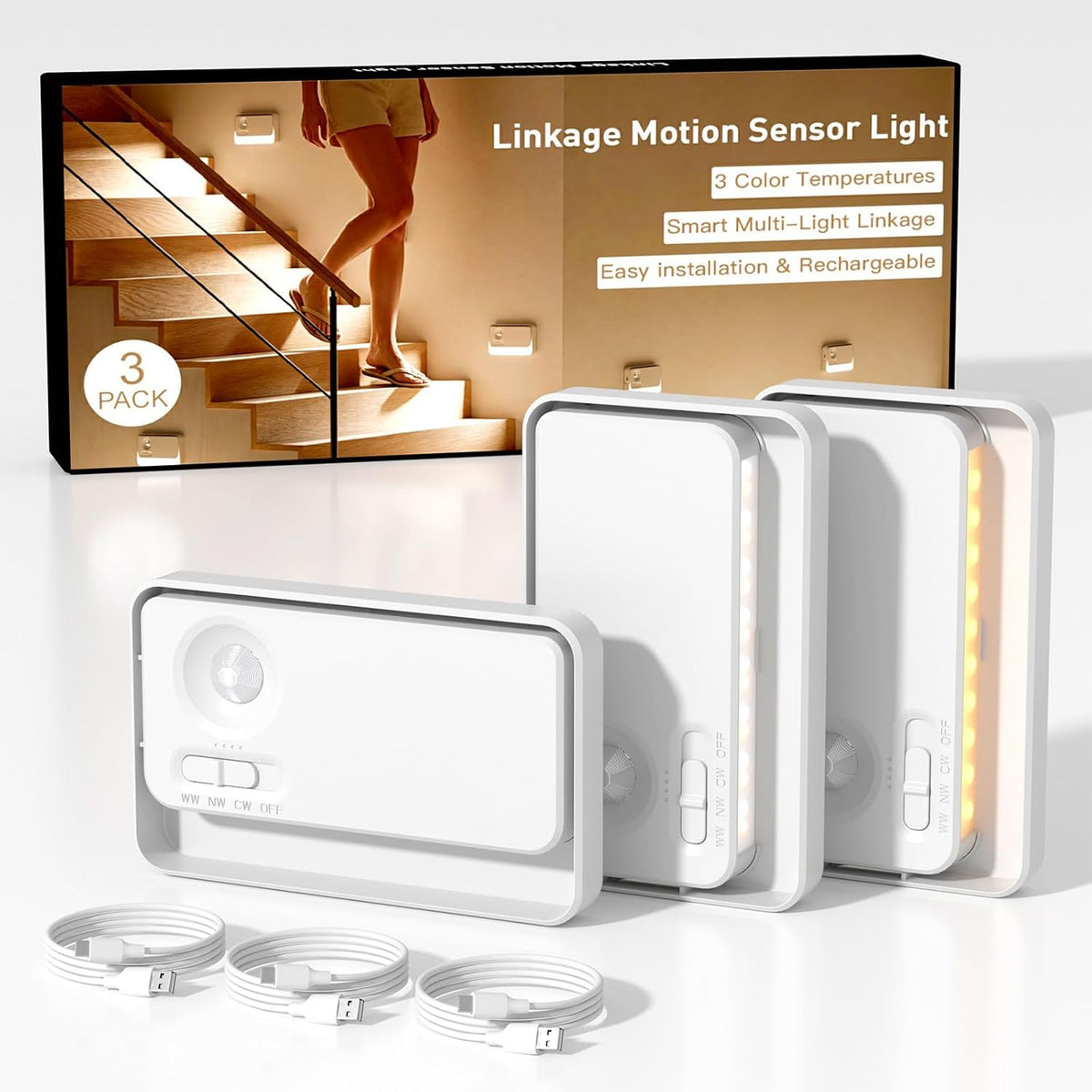 long-stars Sync Motion Sensor Night Lights, 1800mAh Linkage Rechargeable Stair Lights Indoor, 3 Color Temperatures, Magnetic Mounting for Hallway, 3 Pack