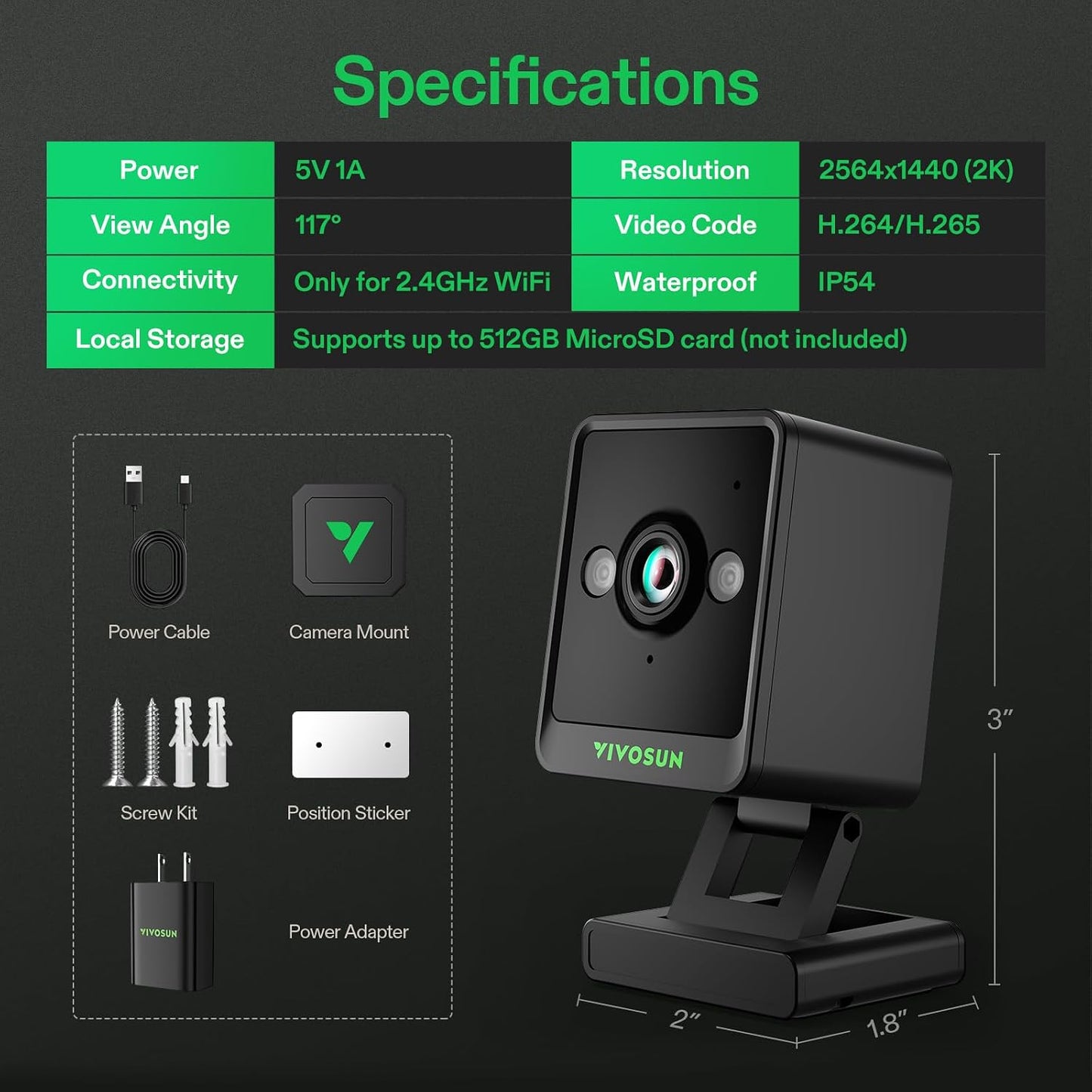VIVOSUN GrowCam C4, 2K QHD WiFi Smart Camera for Grow Tent & VGrow Smart Grow Box, Supports 2.4GHz WiFi (Not 5GHz/6GHz), Timelapse, Night Vision, SD Card Storage, 2-Way Audio, App Control