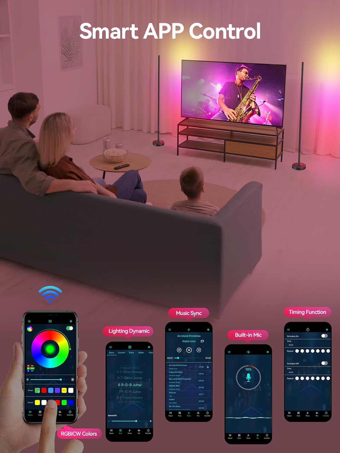 OIYN Smart RGBICW LED Corner Floor Lamp - 16 Million DIY Colors, 68+ Scenes, Music Sync, App &amp; Remote Control, Color-Changing Ambient Lighting for Living Rooms, Bedrooms, and Gaming Rooms