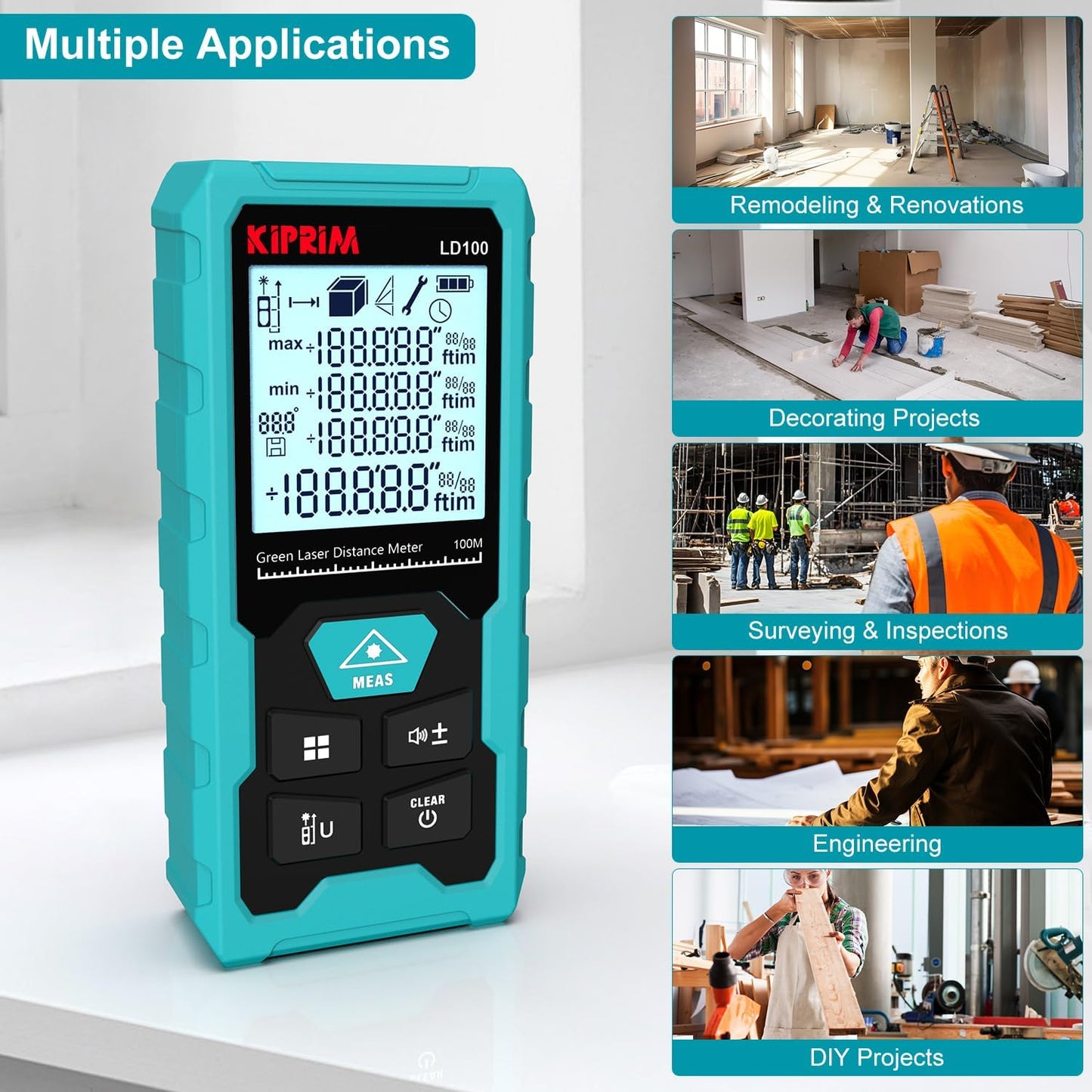 Kiprim LD100 Green Laser Distance Meter,328ft,Rechargeable,Electronic Level | Boasts high precision of ±1/16 inch; built-in electronic level assists horizontal and vertical measuring work.