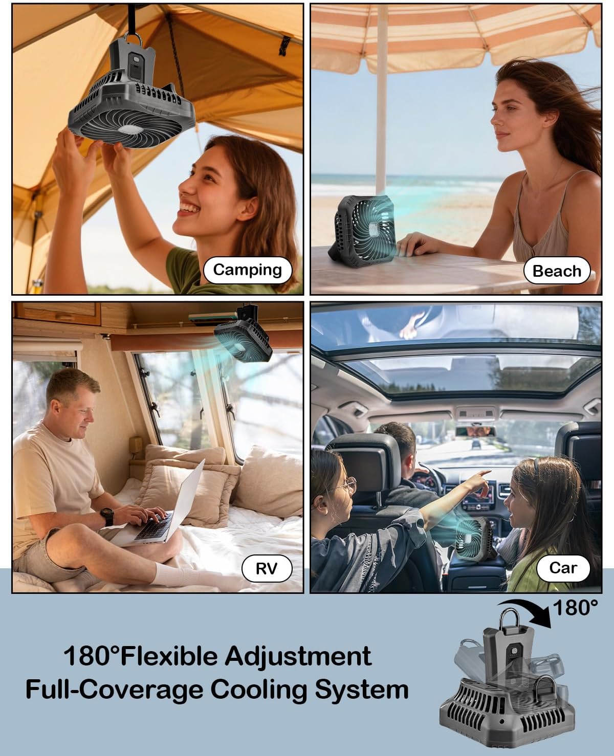 Odoland Portable Camping Fan with LED Lantern, 40H Rechargeable Battery Fan | Quiet Tent Fan with Hanging Hook for RV Car Beach Outdoor Hurricane Emergency Outages, 4-Speed Wind & 3-Color Light, Black