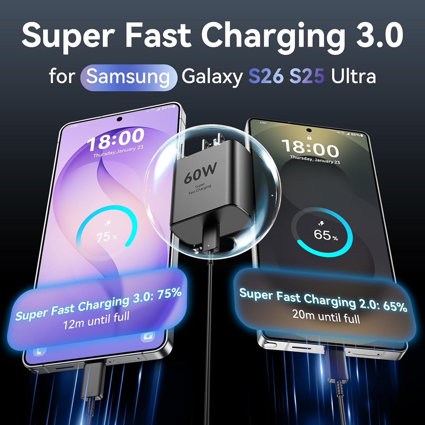 60W USB C Super Fast Charger Type C Android Phone Charger Fast Charging Block with 10ft USB-C to USB-C Cord Compatible with Samsung Galaxy S26 Ultra/S26/S26+/S25/S25 Ultra/S25+/S24, iPhone, iPad