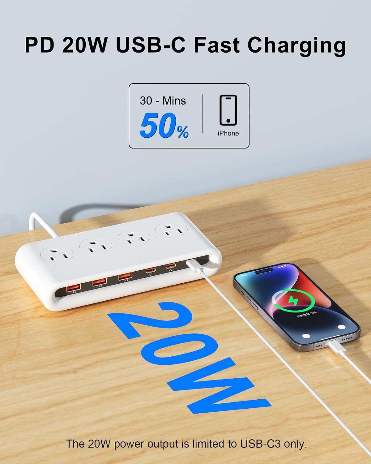Power Strip with USB C 35W,10-in-1 Flat Plug Wall Charger - 5FT Extension Cord with 4AC, 3 USB A & 3 USB C - PD20W Charging Station for Multiple Devices - Travel Home Office (White)