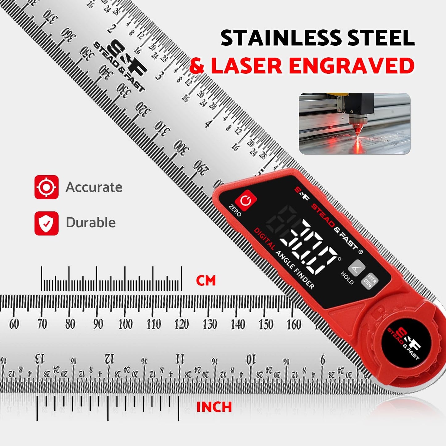 S&F STEAD & FAST Digital Angle Finder with Miter Button, 7 Inch / 200 mm | Secure lock knob, XL LED Display, Stainless steel arms, High-precision, Versatile protractor, for Miter saw & Crown molding