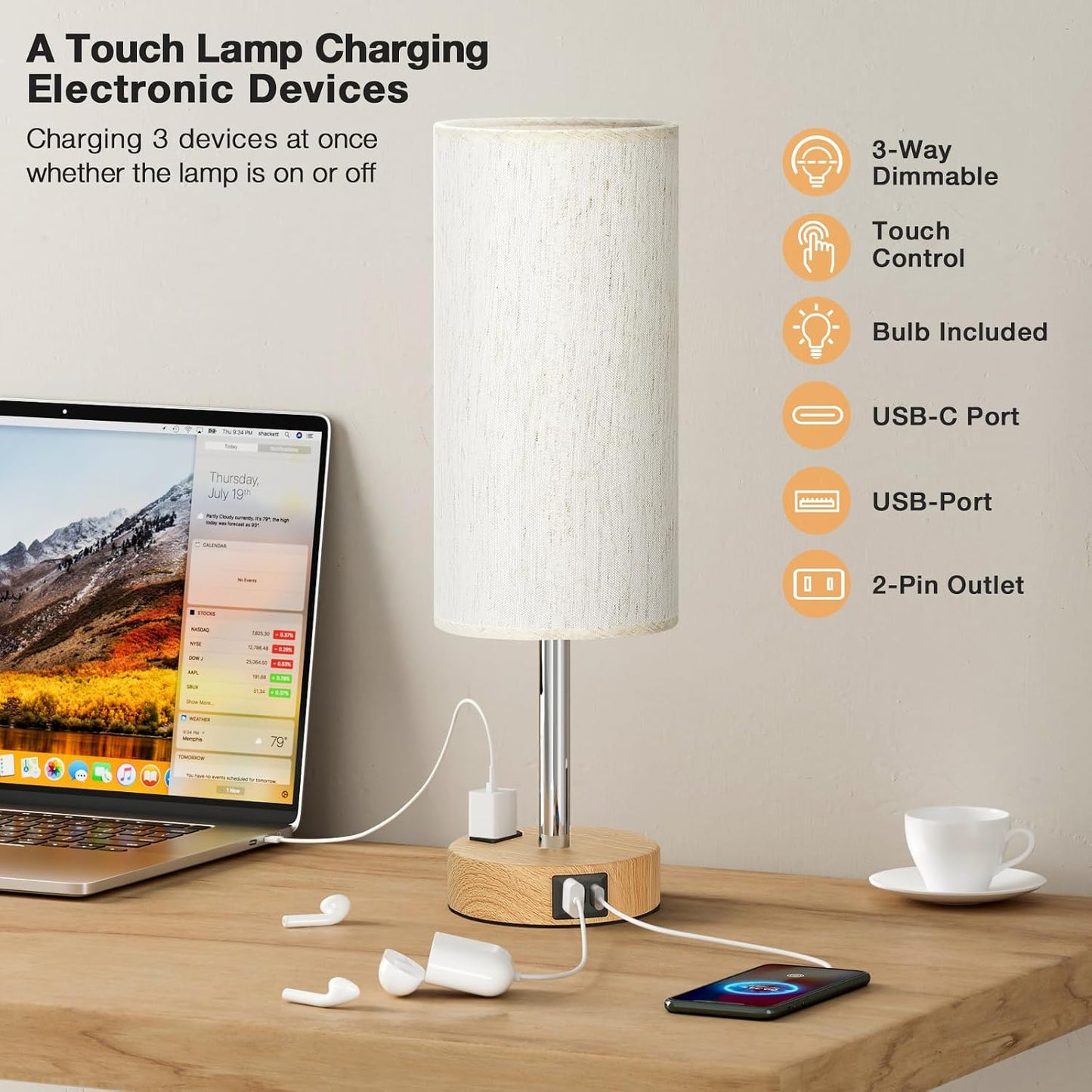 Bedside Table Lamp for Bedroom - Dimmable Touch, USB A+C, AC Outlet | 3-Way Dimmable, LED Bulb Included, Fabric Lampshade, Wood-Grain Metal Base, 14" Small Nightstand Lamp for Desk, Living Room