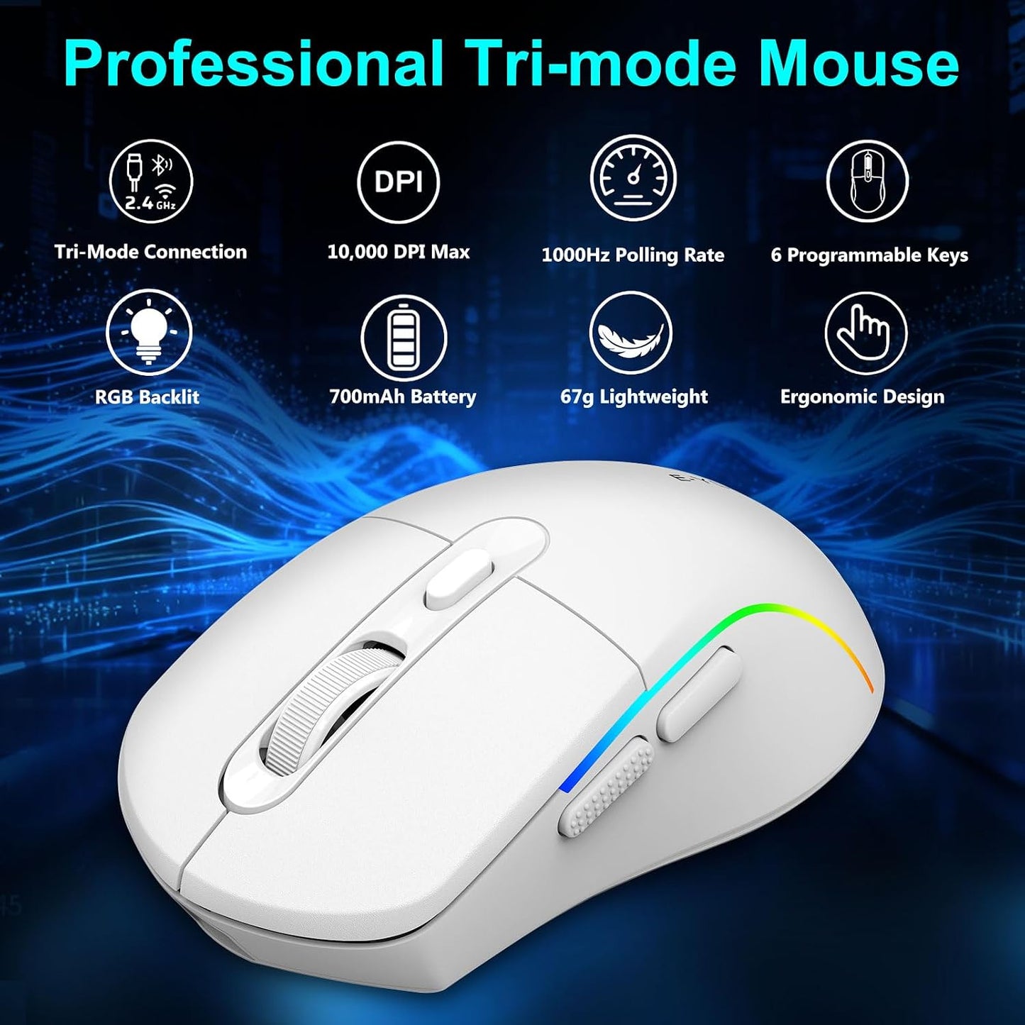 E-YOOSO Wireless Gaming Mouse, 10,000 DPI, Tri-Mode 2.4Ghz/Bluetooth/USB-C Wired, RGB Backlit, 6 Programmable Buttons, Ergonomic Rechargeable Gamer Mice with PC, Mac, PS, Xbox - White