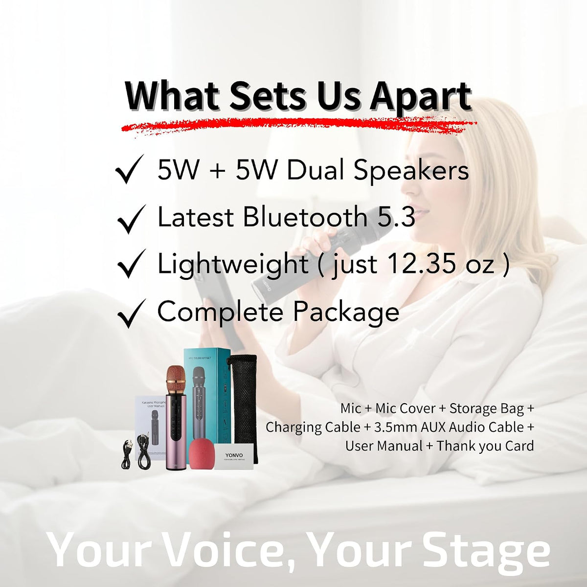 Bluetooth 5.3 Wireless Karaoke Microphone, Portable Handheld Mic with 10W Speakers. Clear Vocals & Echo Home Party Karaoke Machine, Gift for Teens & Women (Rose Gold)
