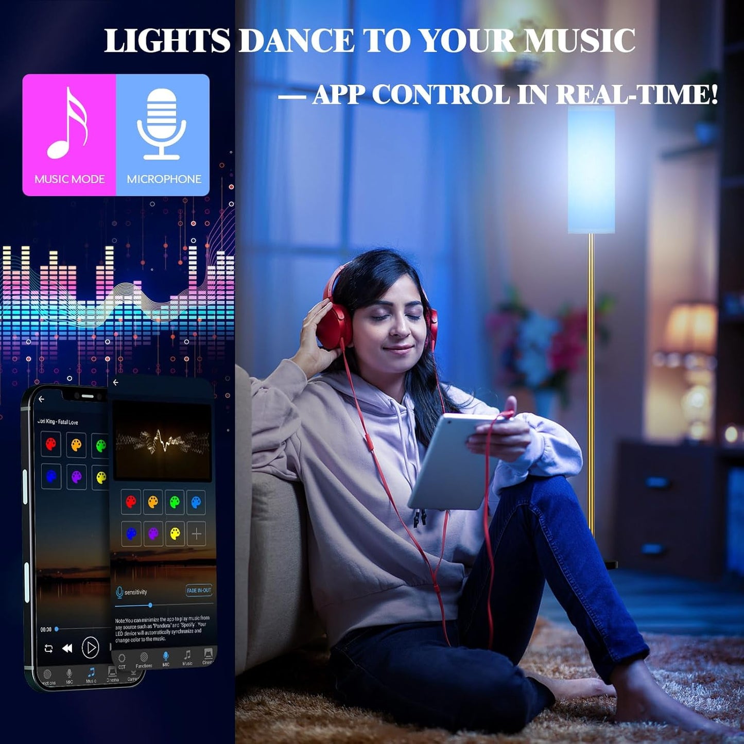 Qaubauyt Smart LED Floor Lamp with APP Control & RGB Colors - Dimmable Standing Lamp for Living Room, Bedroom, Gaming - Remote, Timer, 9W Bulb Included, 67" Modern Tall Lamp (Gold)