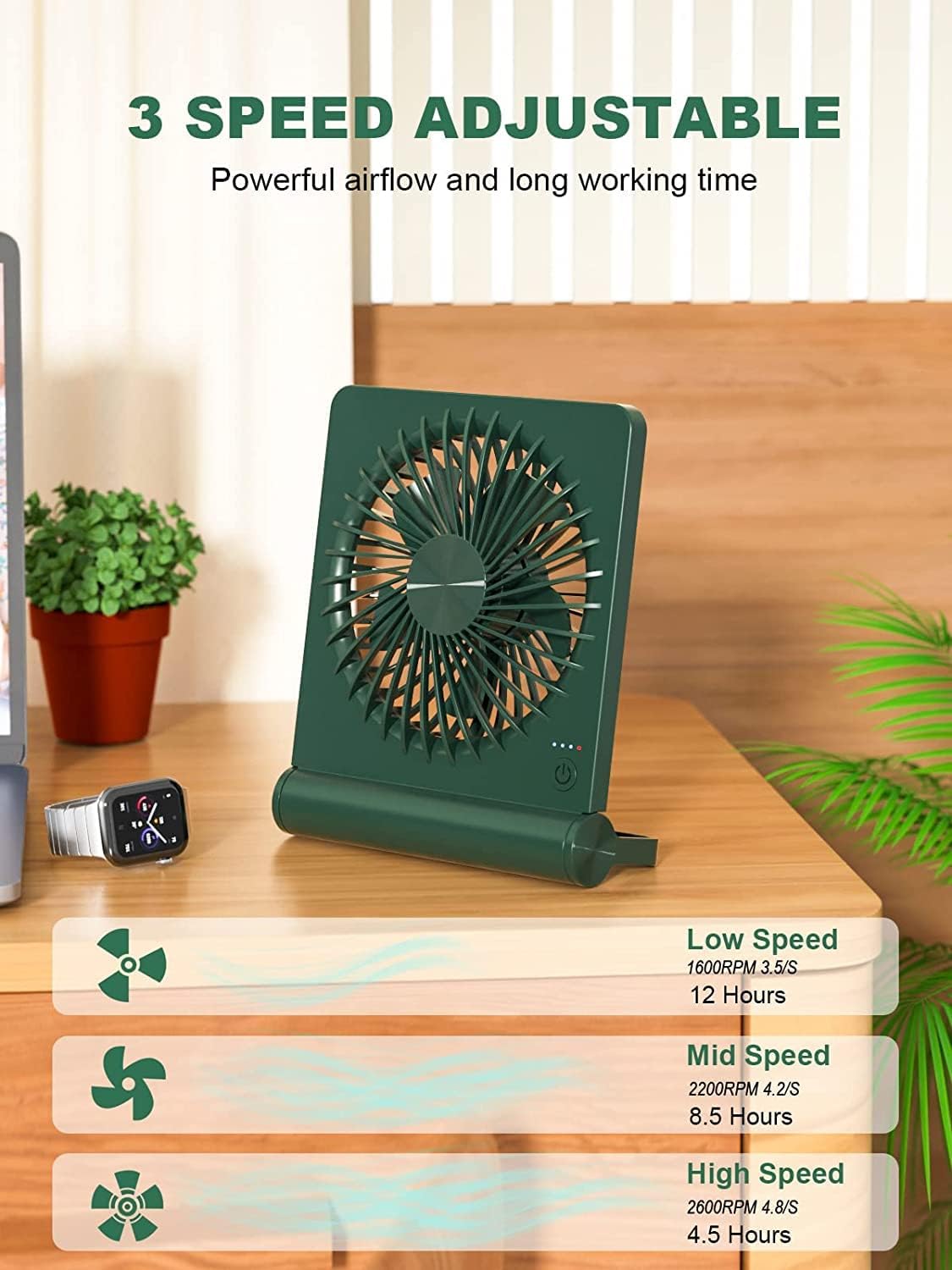 Desk Fan, Rechargeable Battery Operated, 3 Speeds Ultra Quiet Strong Wind | USB-C powered,180° tilt folding.25dB quiet.2000mAh battery:12/8.5/4.5hrs.Portable,personal fan for desk,office,home,bedroom.