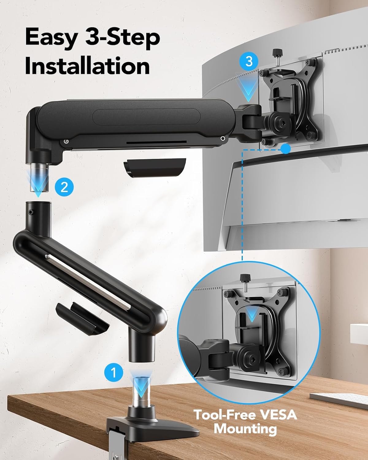 HUANUO Ultrawide Monitor Arm for 13 – 40" Screens, Single Monitor Mount Holds up to 26.4lbs, Adjustable Monitor Stand with C-Clamp & Grommet Base, VESA Mount 75x75mm/100x100mm