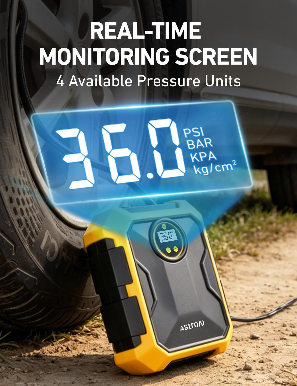 AstroAI Tire Inflator Portable Air Compressor 12V DC Integrated Storage | 9.8Ft Cord Digital Gauge Auto ShutOff LED Light Fast Inflation Air Pump for Car Tires Bike Ball Motorcycle Inflatables Yellow