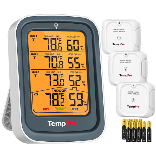 TempPro TempAir 500FT Indoor Outdoor Thermometer Wireless -3 Sensors (Grey)
