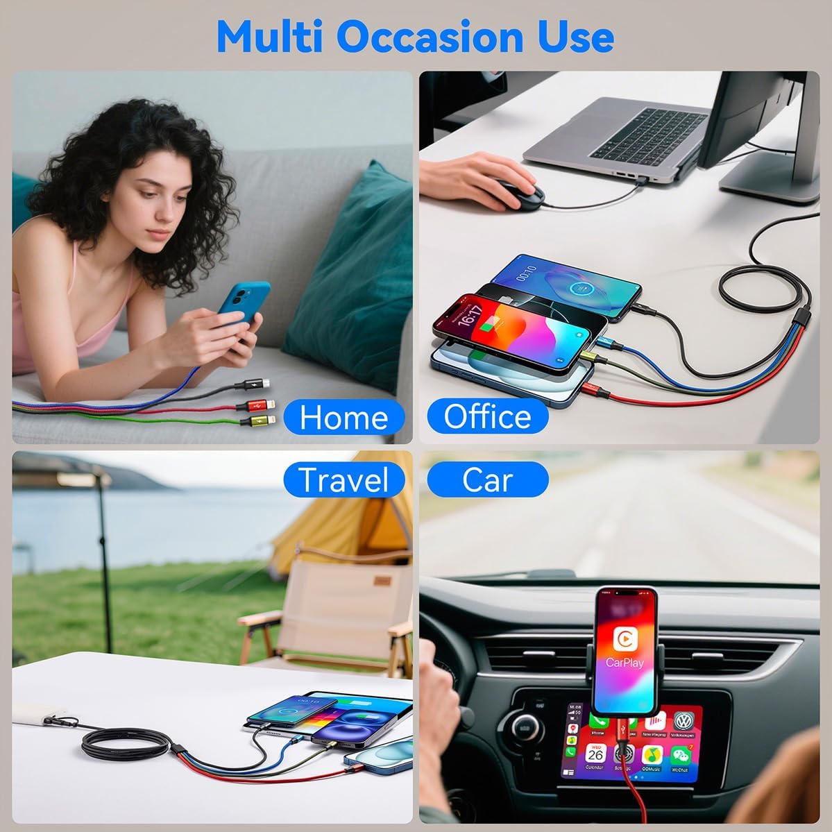 6 in 1 Multiple Charging Cable,USB A/C Universal Charger Cable 2 Pack 6Ft | Multi Chargers Cord for All Devices, Lightning/Type C/Micro USB Ports for iPhone 17 16 15 14 13/Galaxy/Tablets/PS,Car,Office