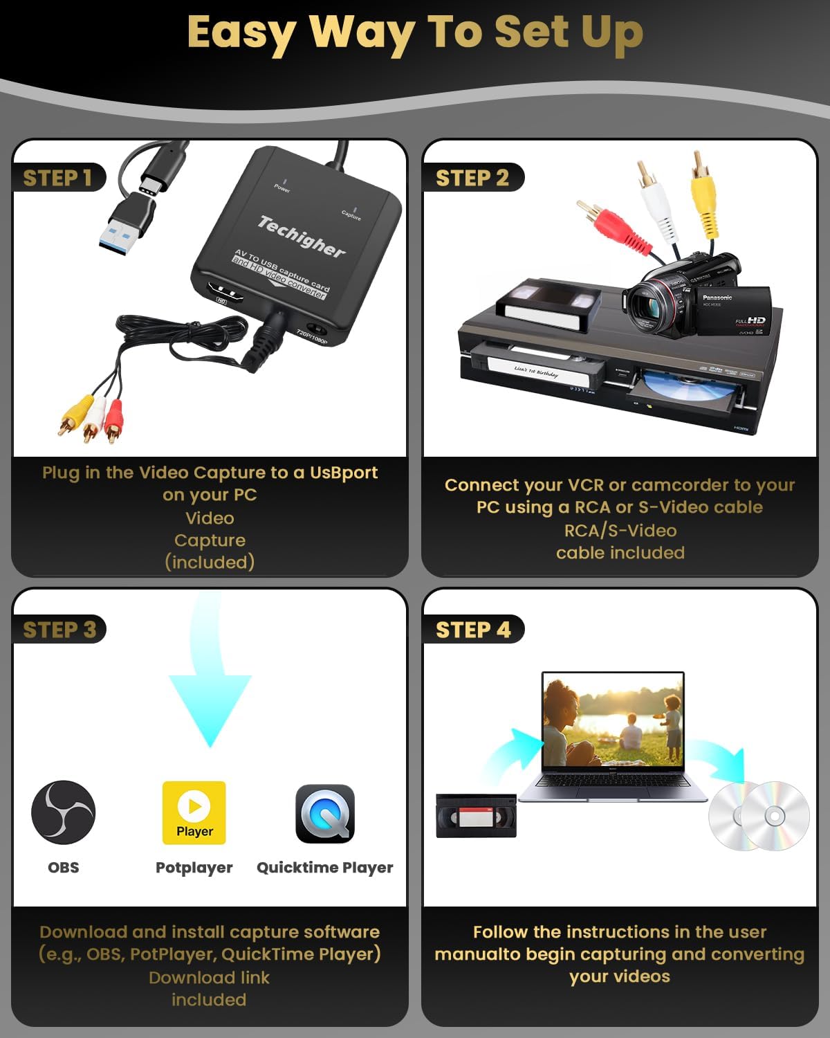 VHS to Digital Converter & RCA to HDMI Adapter USB Video Capture for VCR/DVD/AV/PS2/Wii,av to hdmi to Display Output, wii hdmi Adapter,Save/Convert OldVideo （Software Required for Cap