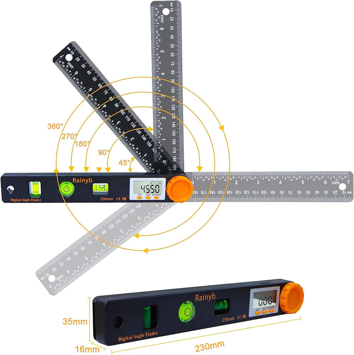Rainyb Digital Angle Finder Tool 7inch 0-360 degree LED Digital Protractor with Horizontal Vertical Bubble Levels and Ruler Meter Accurate Tools for Carpenters,Woodworkers,Fabricators