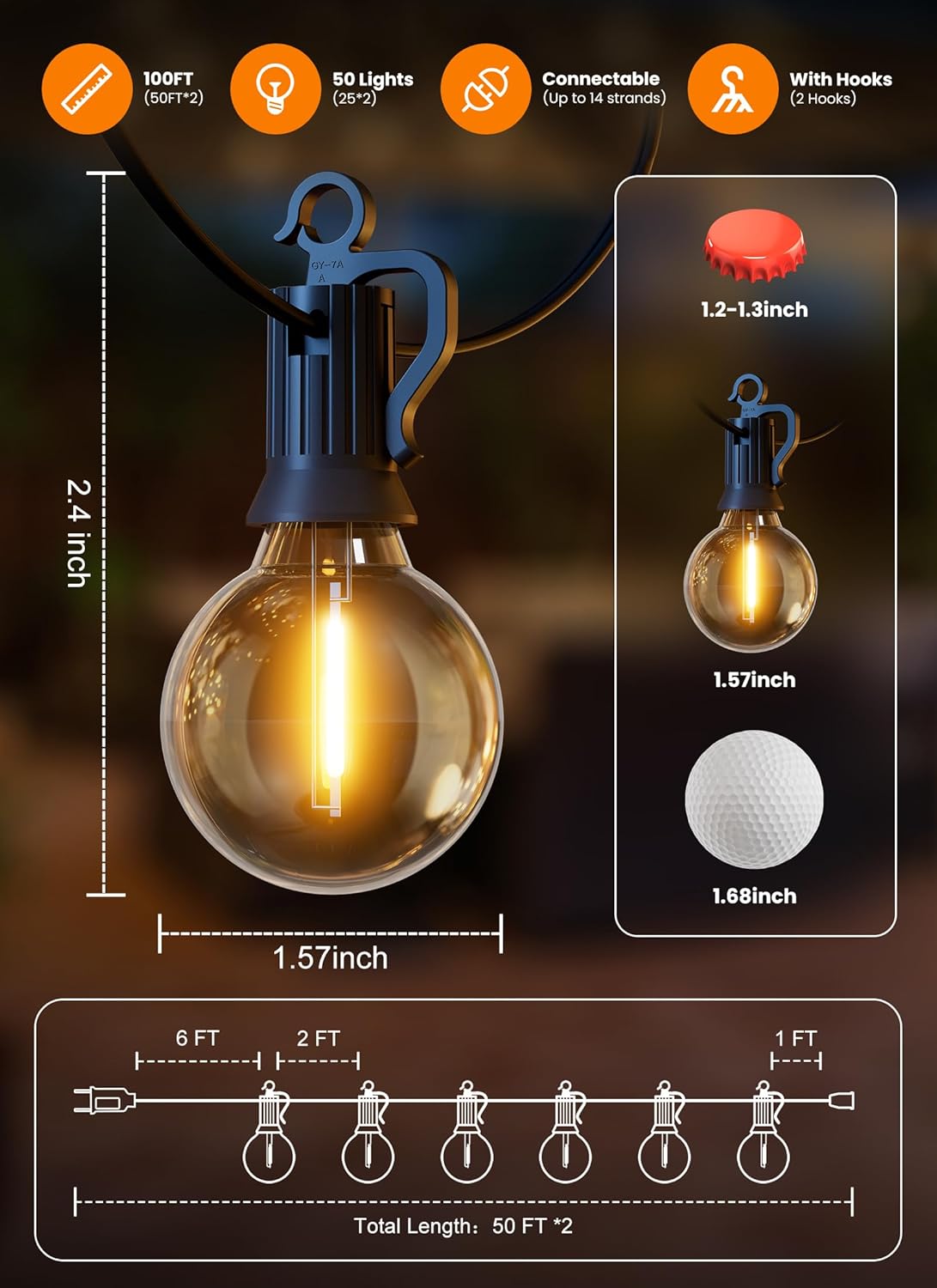 100FT 52 LED Bulbs Outdoor String Lights, IP65 Waterproof String Lights | G40 Shatterproof Connectable Outside Patio Light for Backyard Porch Balcony Garden Decor Christmas Camping Gazebo