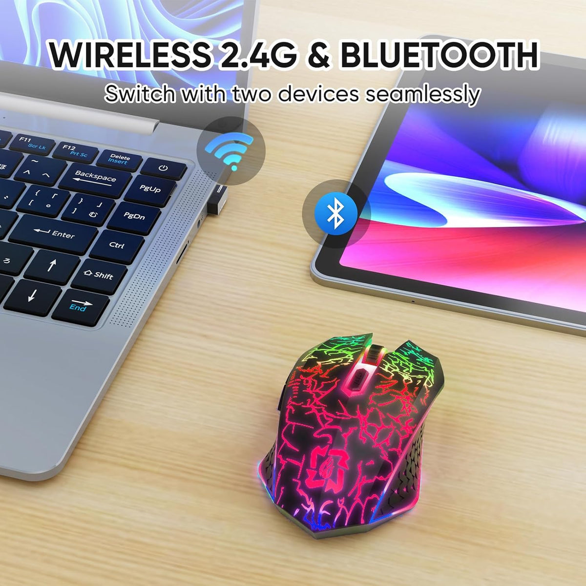 MELOGAGA Wireless Bluetooth Gaming Mouse, RGB Rechargeable, Silent, Black | Dual-Mode Bluetooth & 2.4G, Rechargeable Battery, RGB Lighting, Silent Click, 3 DPI Levels for PC Laptop Desktop Mac
