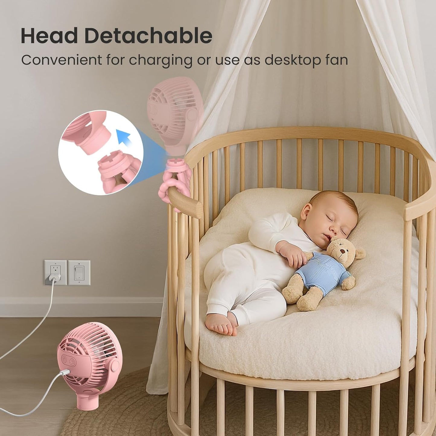 Coohea Portable Stroller Fan, 25H Long-lasting, 4 Speed, Night Light, Pink | 4000mAh Rechargeable Battery Powered Fan, Head Detachable 360° Rotate Mini Fan, Easy to Wrap for Car Seat Crib Bike Treadmill