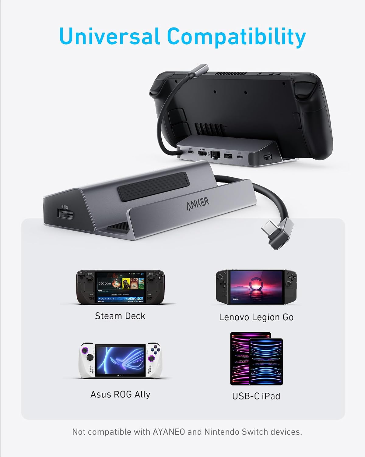 Anker Steam Deck Dock, 6-in-1 4K@60Hz HDMI Docking Station for Steam Deck | 4K HDMI, 1Gbps Ethernet, 2 USB-A, USB-C Port, Fast Charging, for Steam Deck (OLED)/ROG Ally/Legion Go (Not for Rog Ally X)