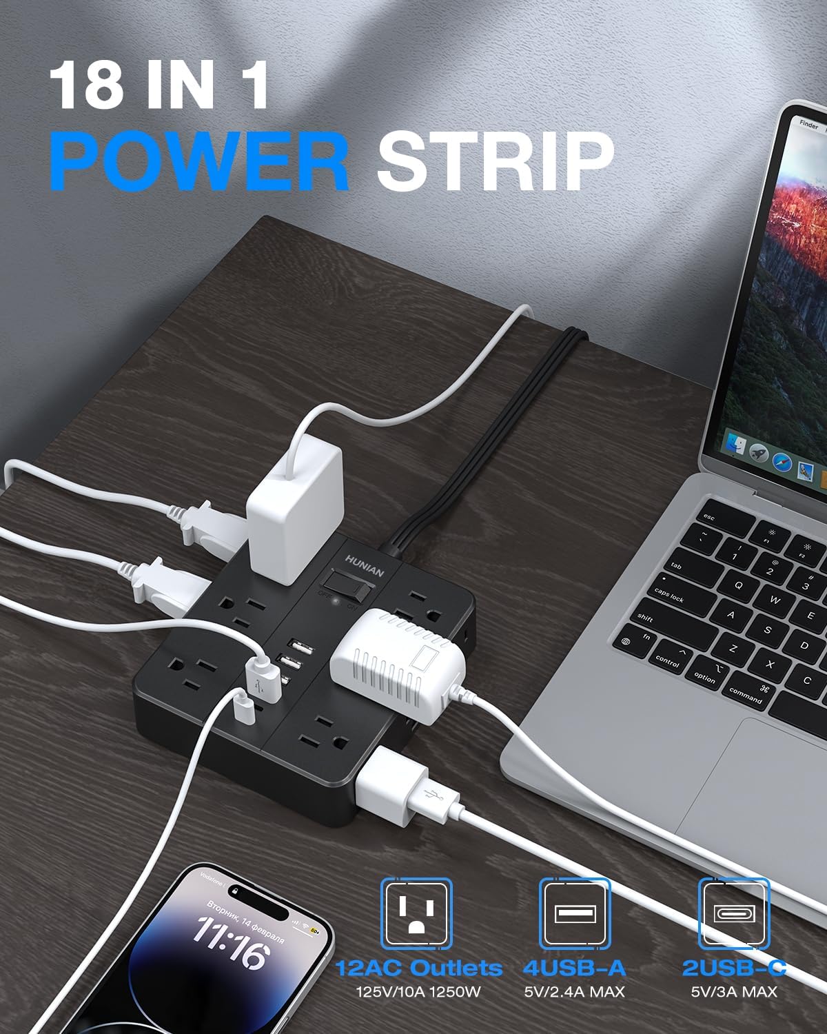 Power Strip Extension Cord, 10Ft Power Strip with USB